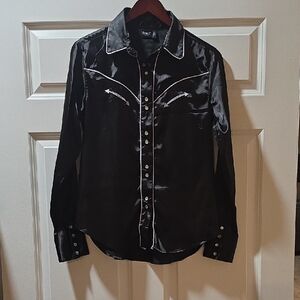 Cruel Girl Black Satin Western Shirt with White Accents